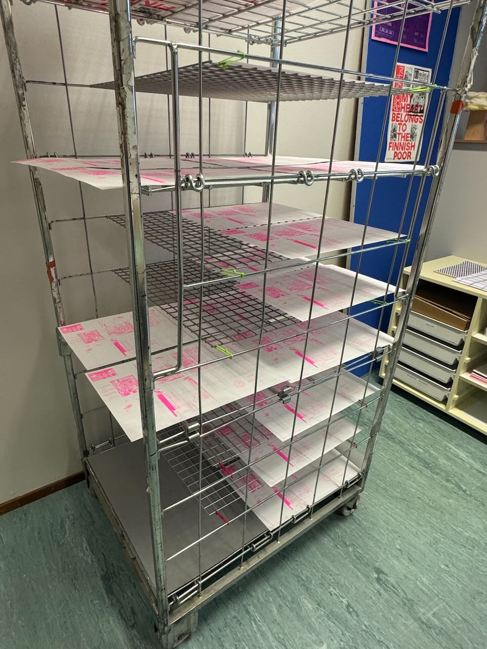 Prints drying after risograph printing