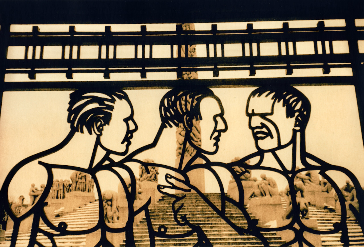 Graphic lith print of relief figures at Vigeland sculpture park, heavy blacks against cream