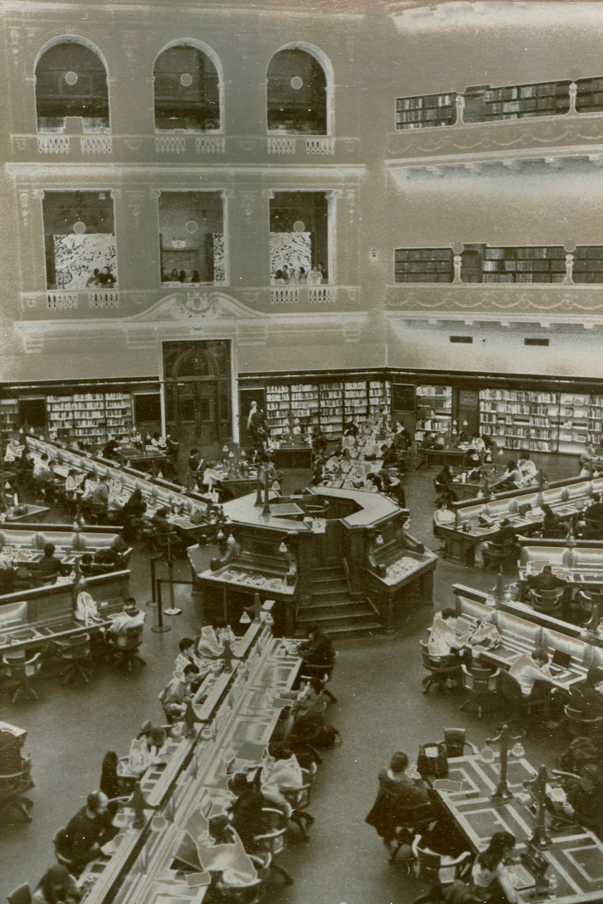 Silver mirror toned print of a library reading room, warm olive and silver